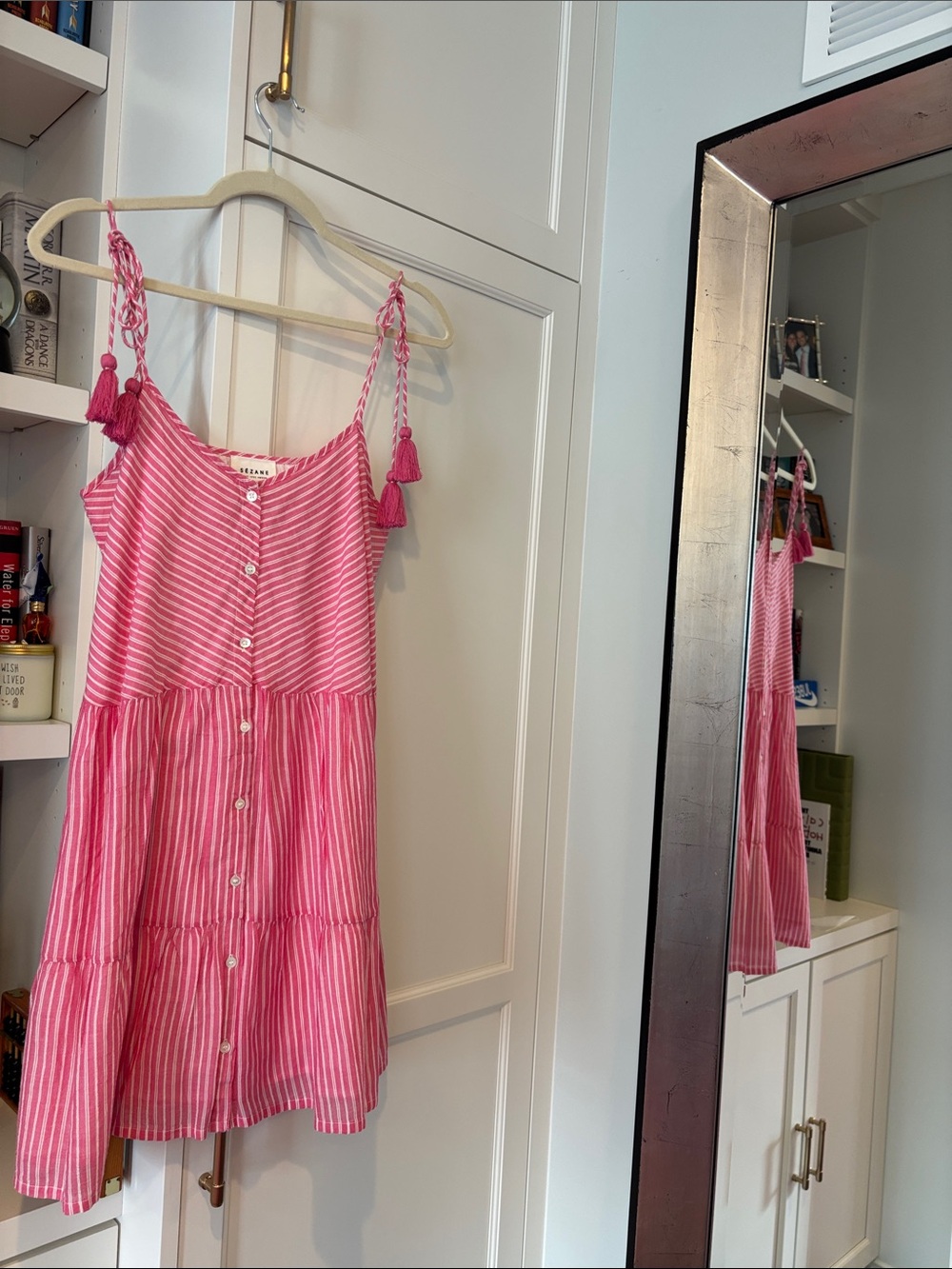 Sezane Pink Striped Tassel-Shoulder Sundress